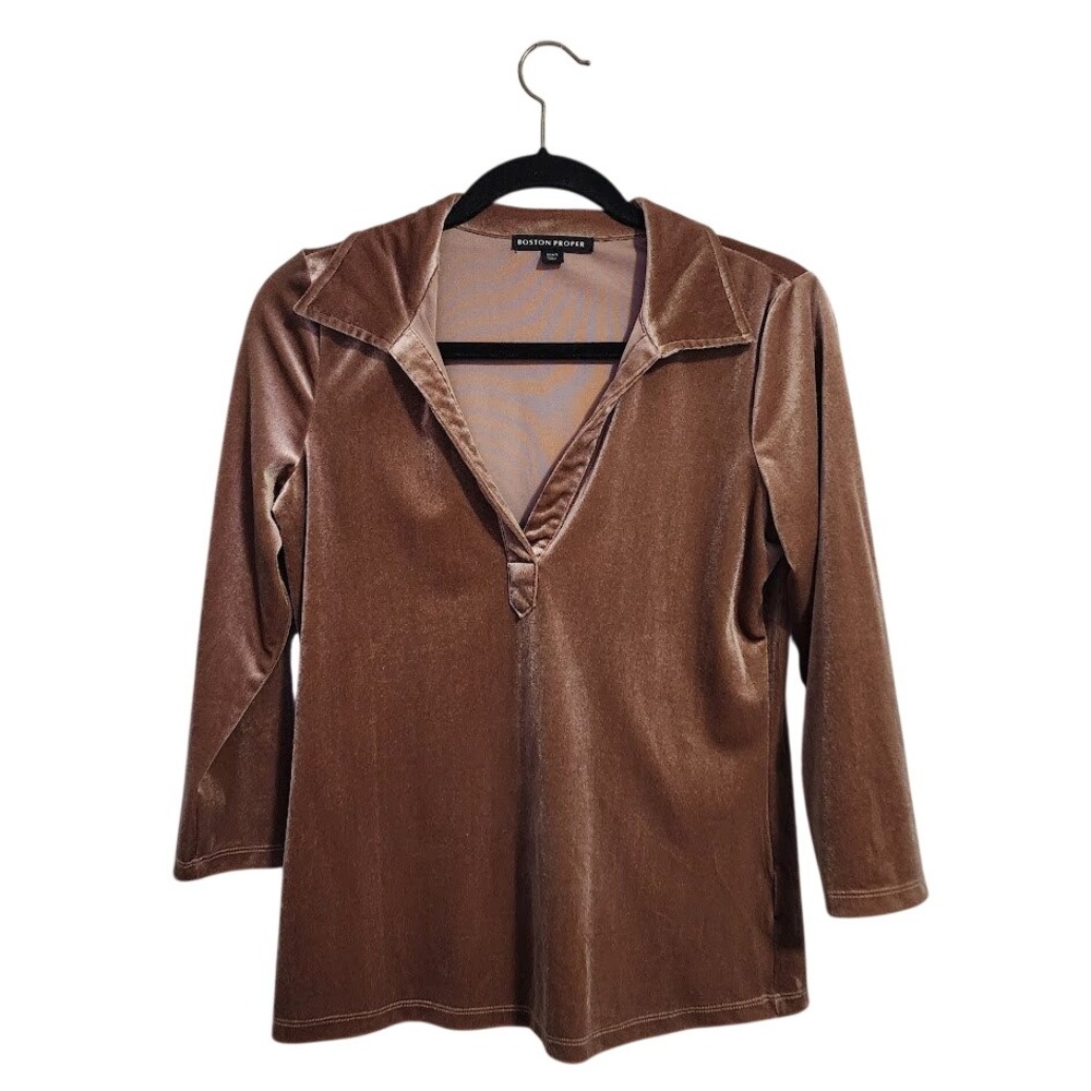 BOSTON PROPER Velvet Polo Collared Knit Top V-Neck 3/4 Sleeve Blouse Brown S